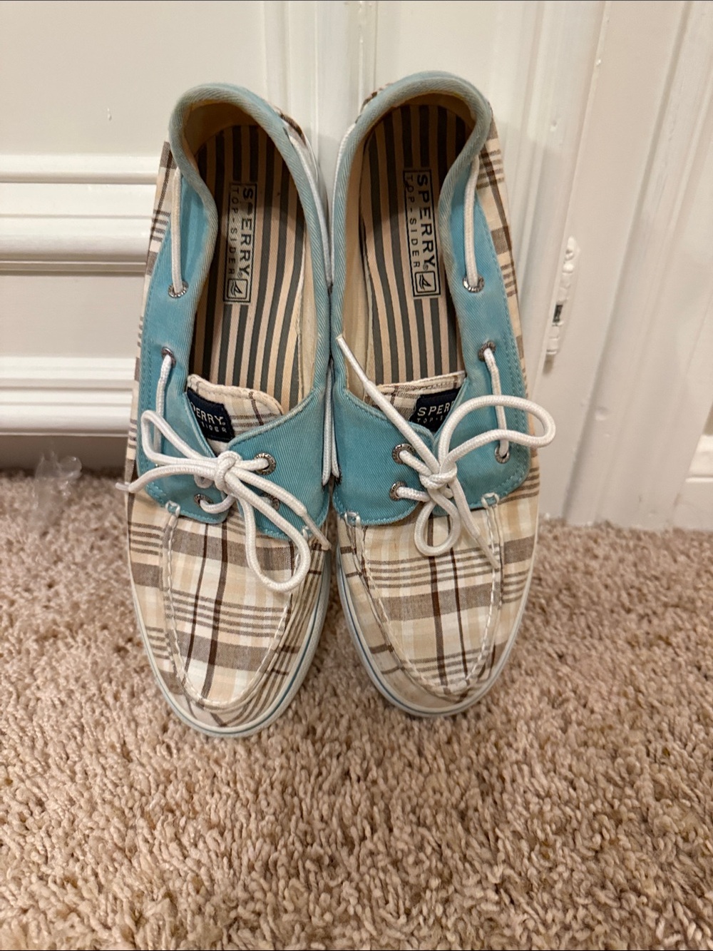 Sperry Plaid Canvas Boat Shoes in Light Blue and Tan